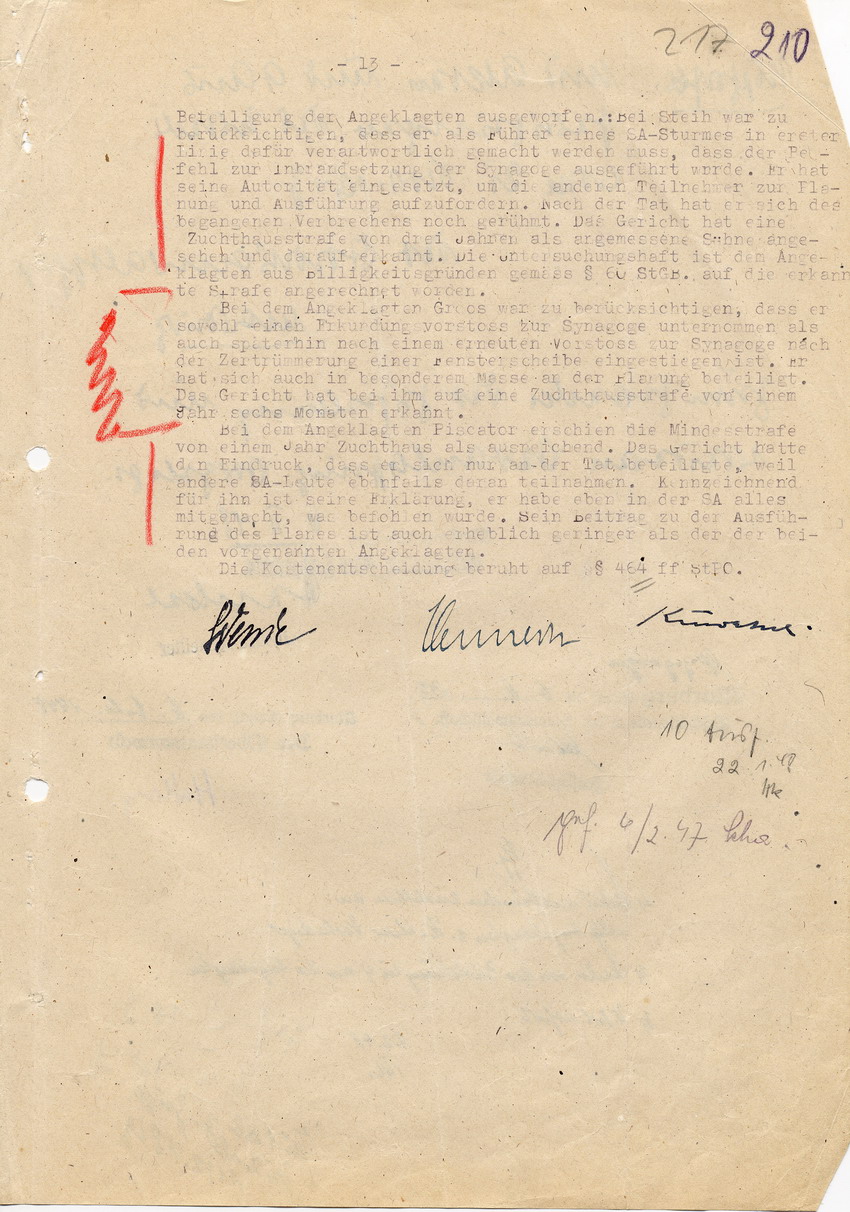 Urteil der Strafkammer l des Landgerichts Marburg betr. die Strafsache wg. Inbrandsetzung der Synagoge in Marburg gegen Steih u.a. Marburg, 21. November 1947