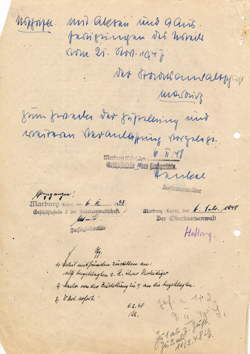 Urteil der Strafkammer l des Landgerichts Marburg betr. die Strafsache wg. Inbrandsetzung der Synagoge in Marburg gegen Steih u.a. Marburg, 21. November 1947