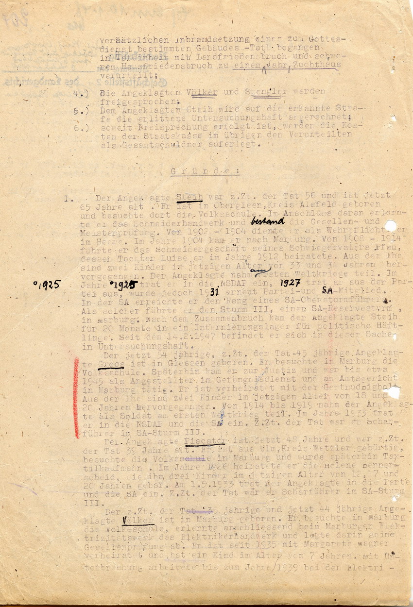 Urteil der Strafkammer l des Landgerichts Marburg betr. die Strafsache wg. Inbrandsetzung der Synagoge in Marburg gegen Steih u.a. Marburg, 21. November 1947