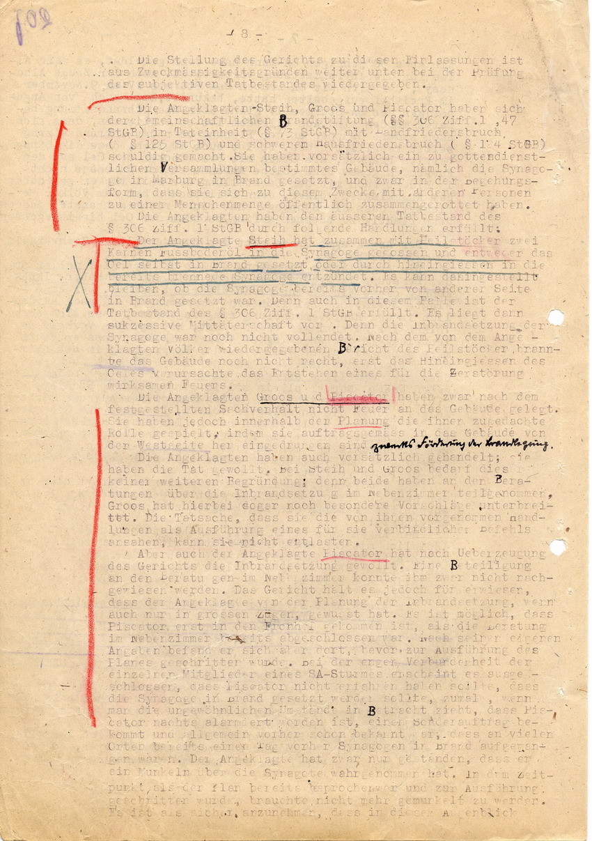 Urteil der Strafkammer l des Landgerichts Marburg betr. die Strafsache wg. Inbrandsetzung der Synagoge in Marburg gegen Steih u.a. Marburg, 21. November 1947