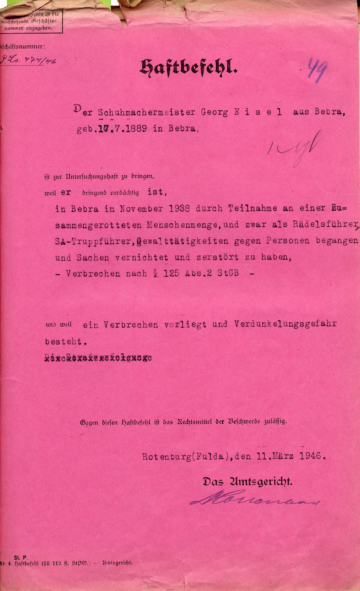 Haftbefehl gegen Georg Eisel wegen Verdachts des Vergehens nach § 125 Abs. 2 StGB am 7./8. November 1938 in Bebra, 11. März 1938
