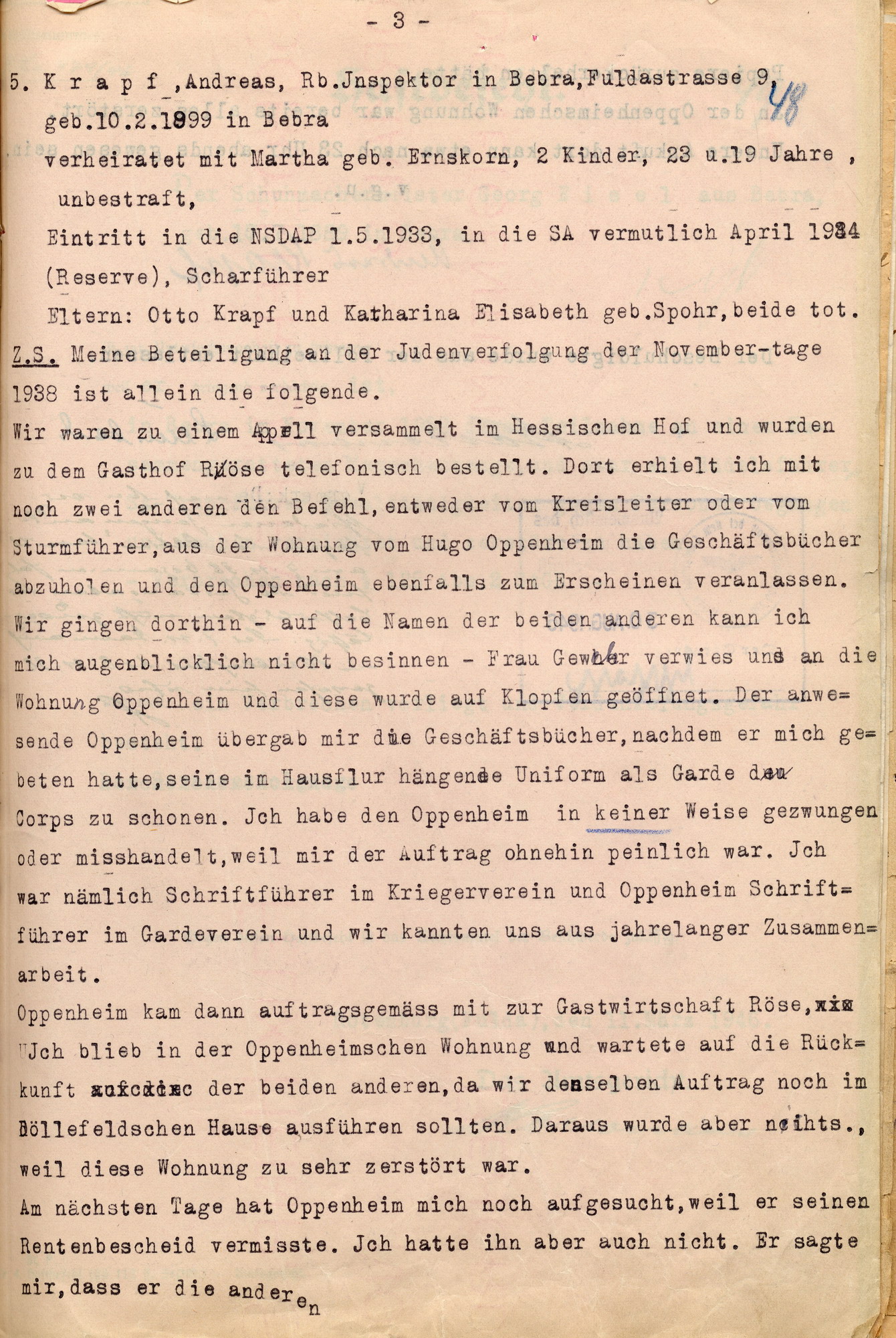 Vernehmigungsprotokolle von fünf Beschuldigten im Fall der Ausschreitungen gegen Juden am 7./8. November 1938 in Bebra beim Amtsgericht in Rotenburg, 11. März 1938