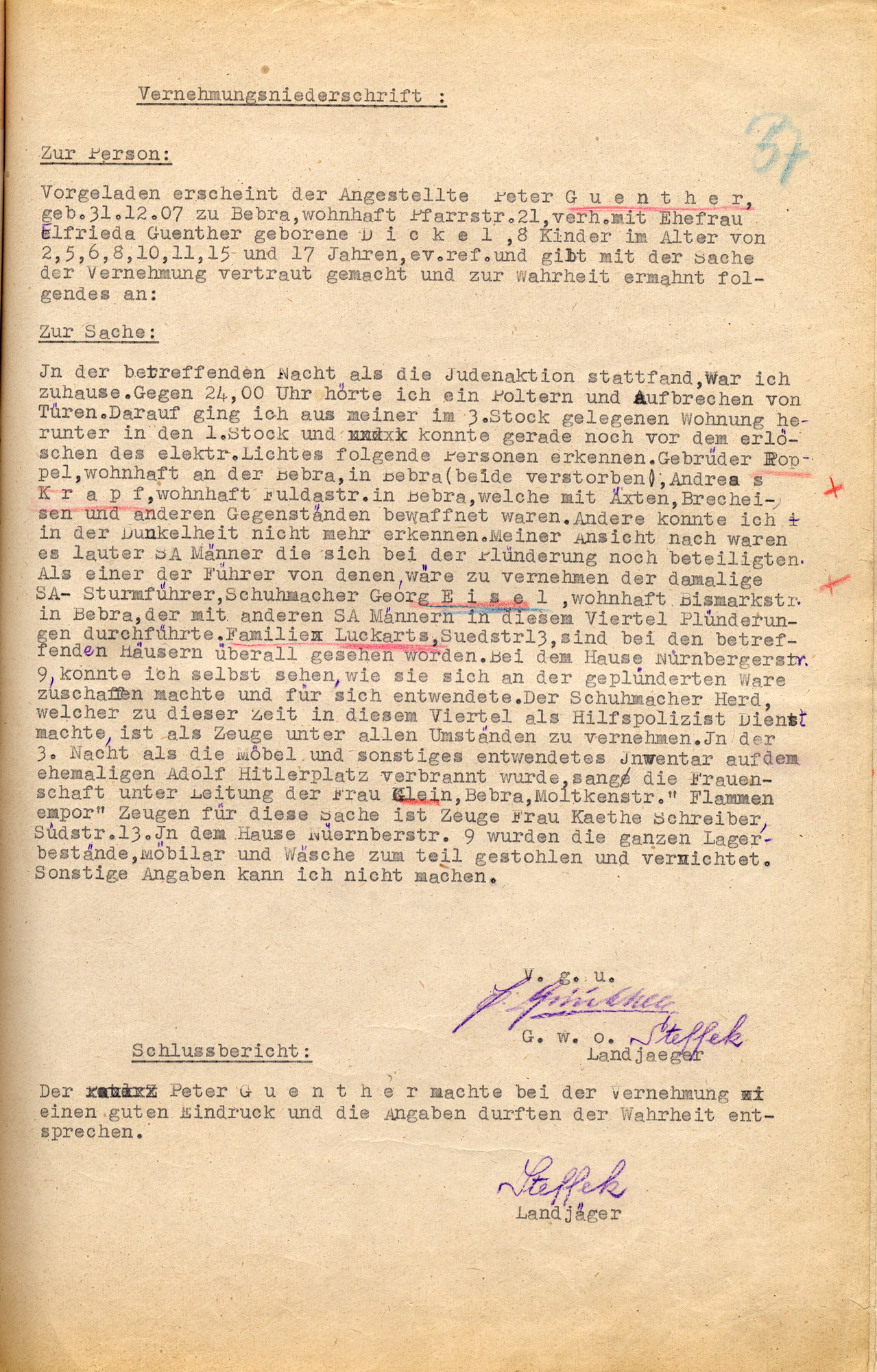 Vernehmungsniederschrift mit der Aussage von Peter Guenther im Ermittlungsverfahren wegen Landfriedensbruch am 7./8. November 1938 in Bebra, o. D. (März 1946)