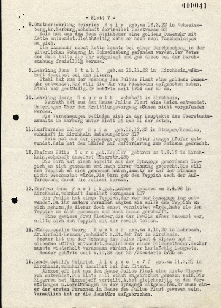 Bericht des Bez. Hauptmanns der Gendarmerie Mai in Kirchhain über die Exzesse gegen die Juden in Kirchhain 1938.