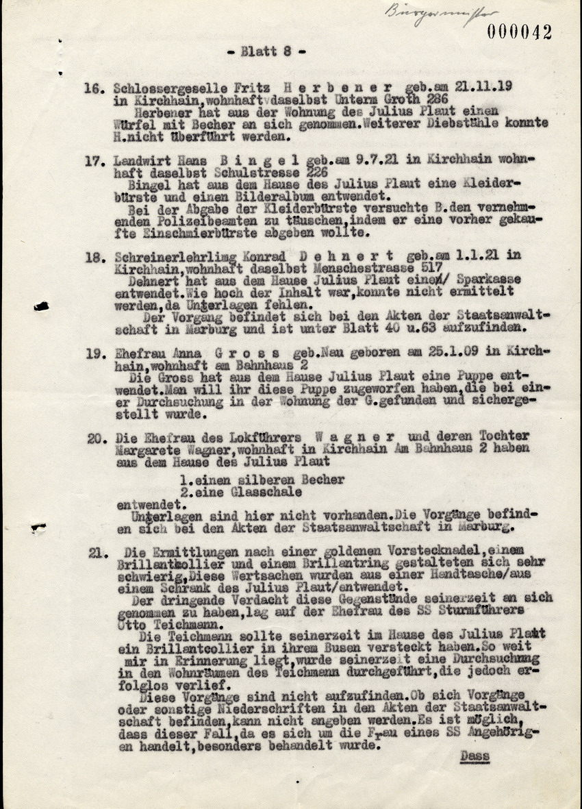 Bericht des Bez. Hauptmanns der Gendarmerie Mai in Kirchhain über die Exzesse gegen die Juden in Kirchhain 1938.