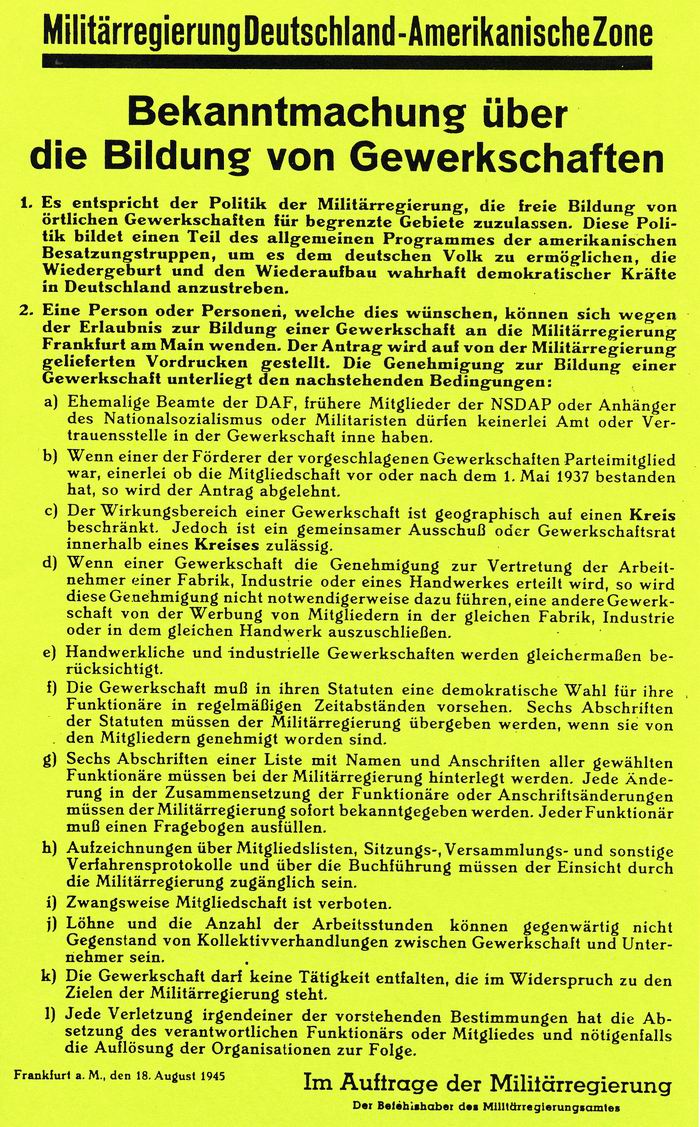 Bild zum Dokument Anschlag: der Militärregierung "Bekanntmachung über die Bildun