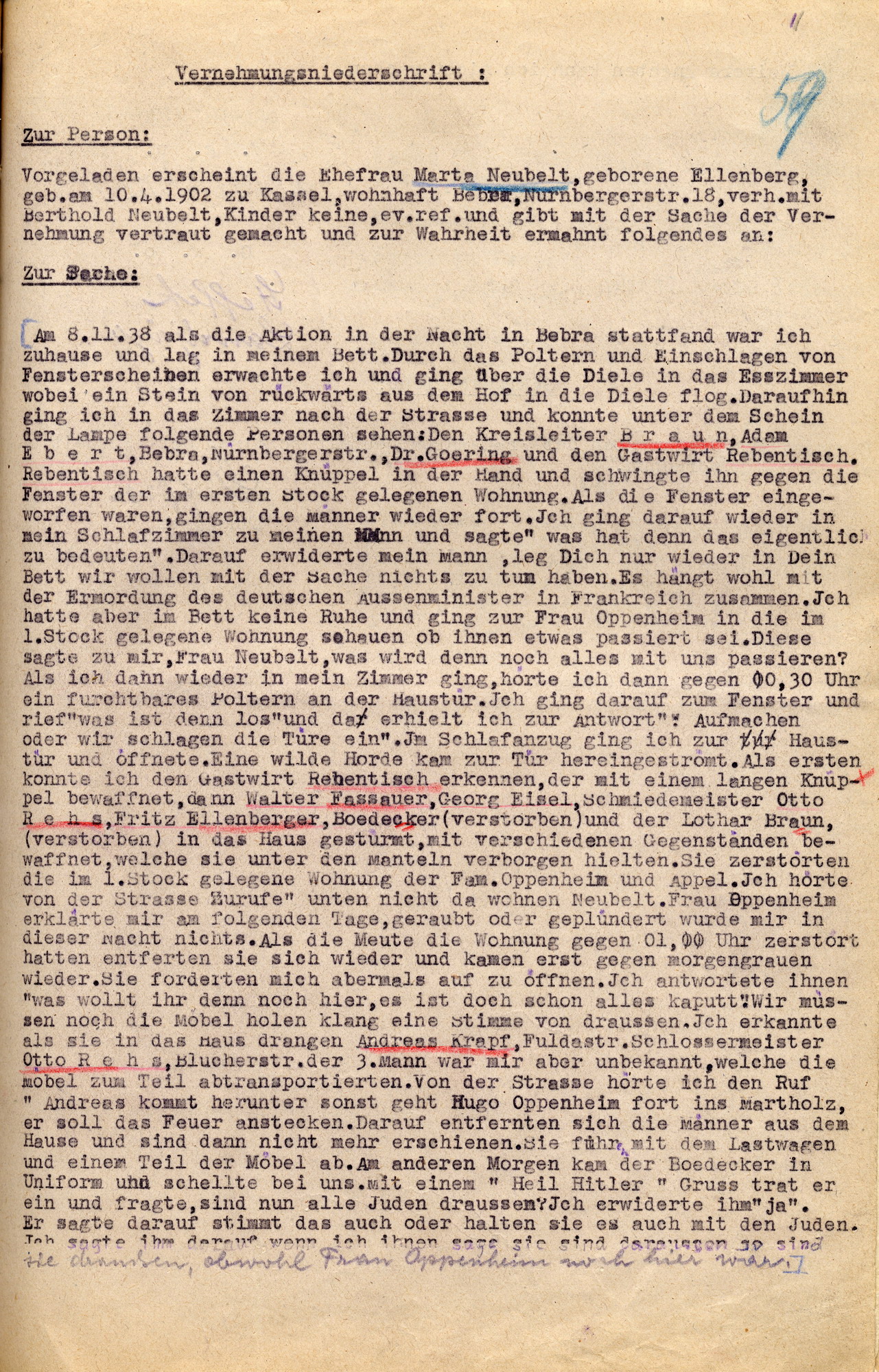 Vernehmungsniederschrift mit der Aussage von Merte Neubelt im Ermittlungsverfahren wegen Landfriedensbruch am 7./8. November 1938 in Bebra, o. D. (März 1946)