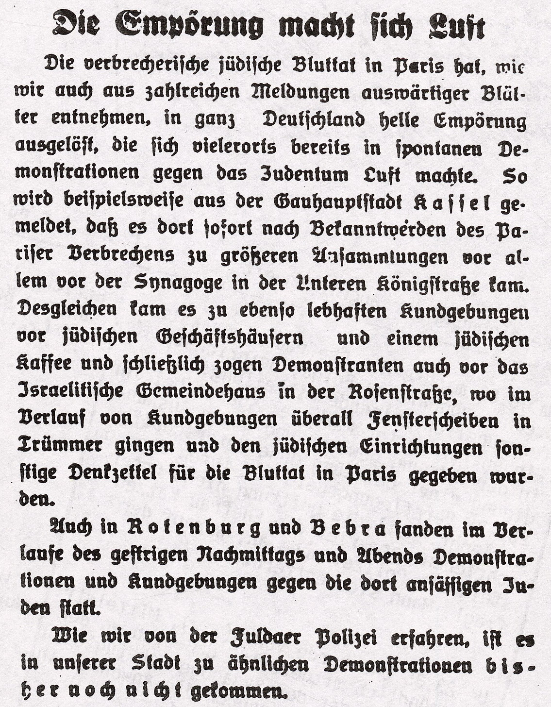 Ausschnitt aus der Fuldaer Zeitung zu den antijüdischen Ausschreitungen in Nordhessen, 9. November 1938
