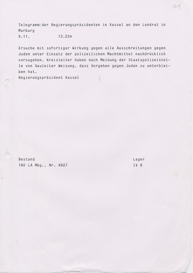 Telegramm des Regierungspräsidenten in Kassel an den Landrat in Marburg. Ausschreitungen gegen Juden sollen mit Hilfe der Polizei verhindert werden, 9. November 1938