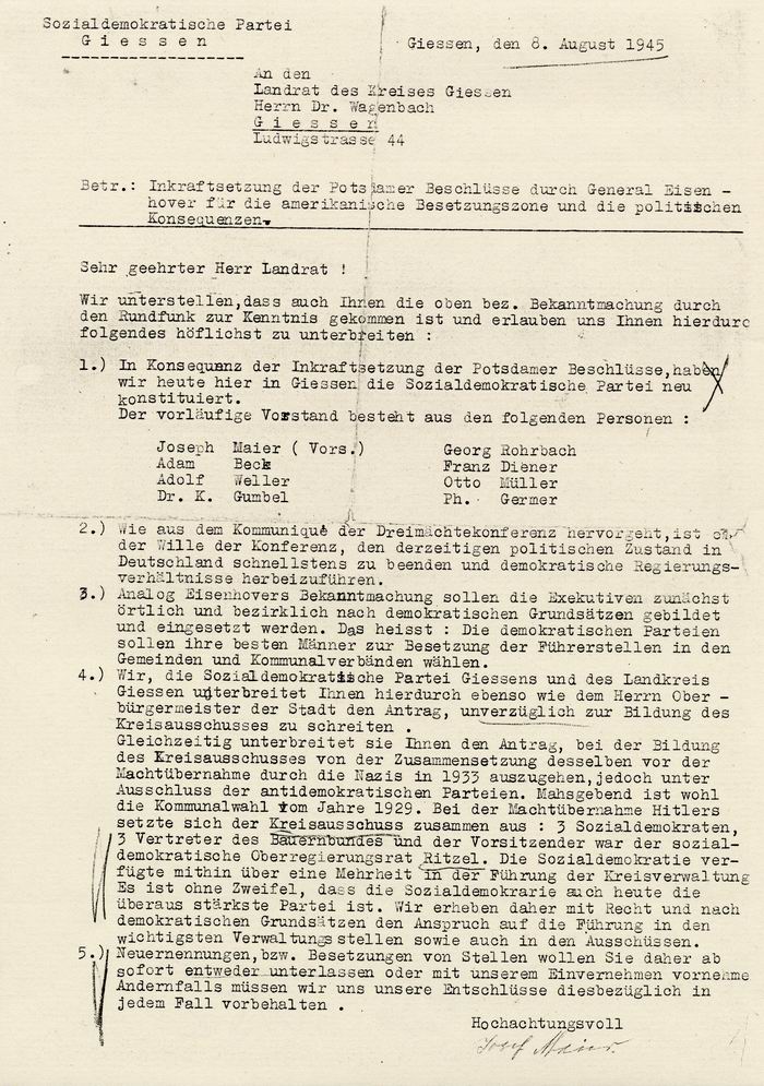 Bild zum Dokument Schreiben: der SPD Gießen vom 8. August 1945 an den Landrat üb