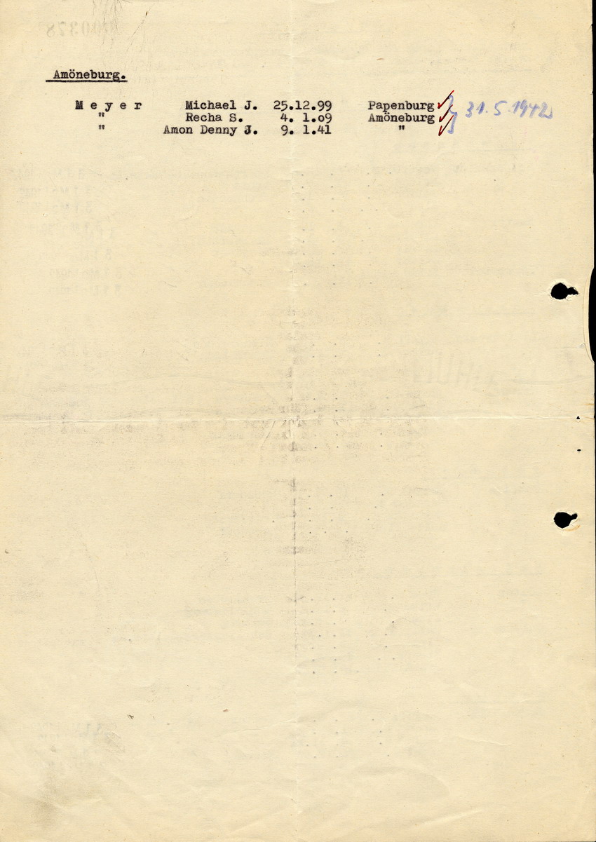 Liste betreffend Deportation am 31. Mai 1942 aus dem Kreis Marburg, 15. Mai 1942-31. Mai 1942.