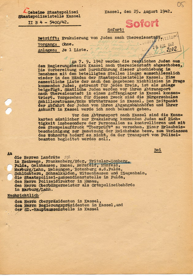 Schreiben der GeStaPo in Kassel an Landräte, Bürgermeister und  Polizei. Detaillierte Informationen zu den Vorbereitungen und Personenlisten, 25. August 1942