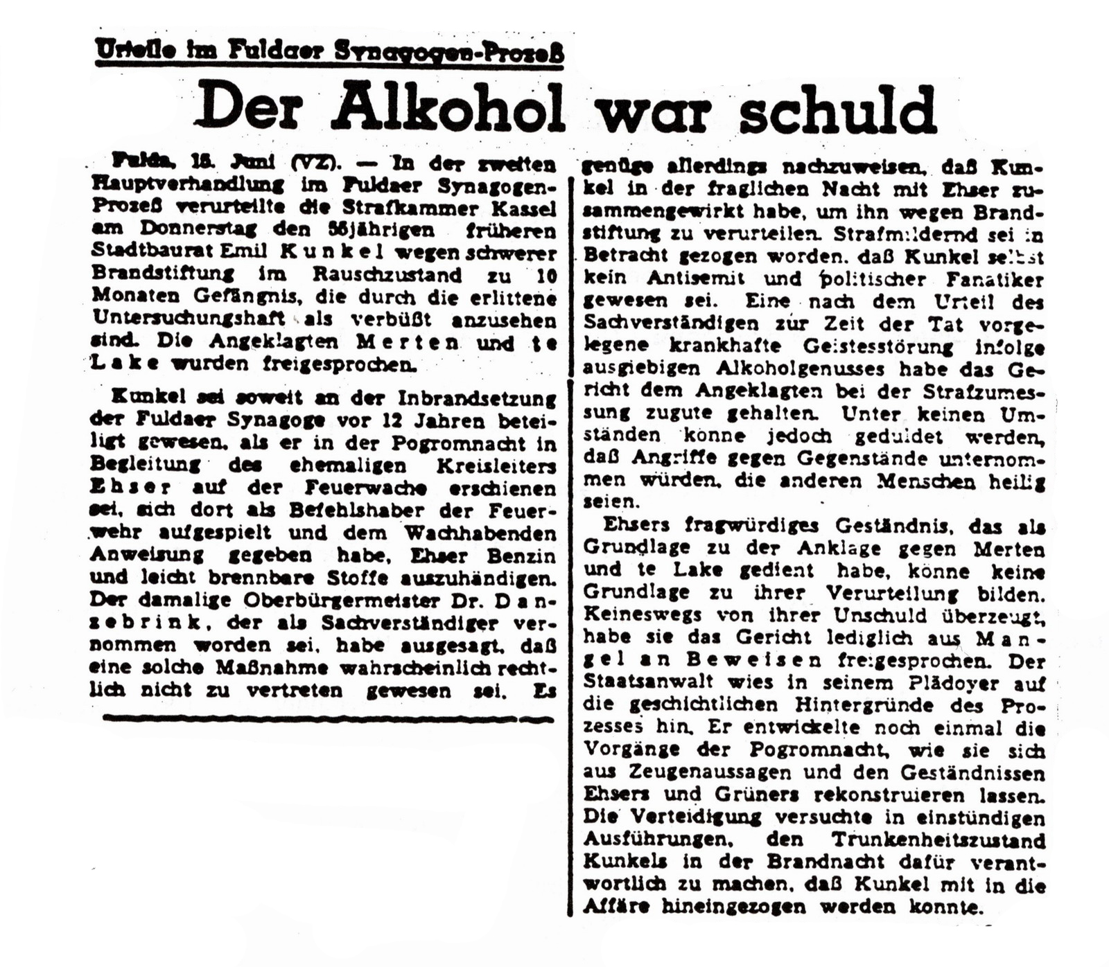 Artikel der Fuldaer Volks-Zeitung zum Prozess wegen Brandstiftung der Synagoge in Fulda 1938, 6. Juni 1950