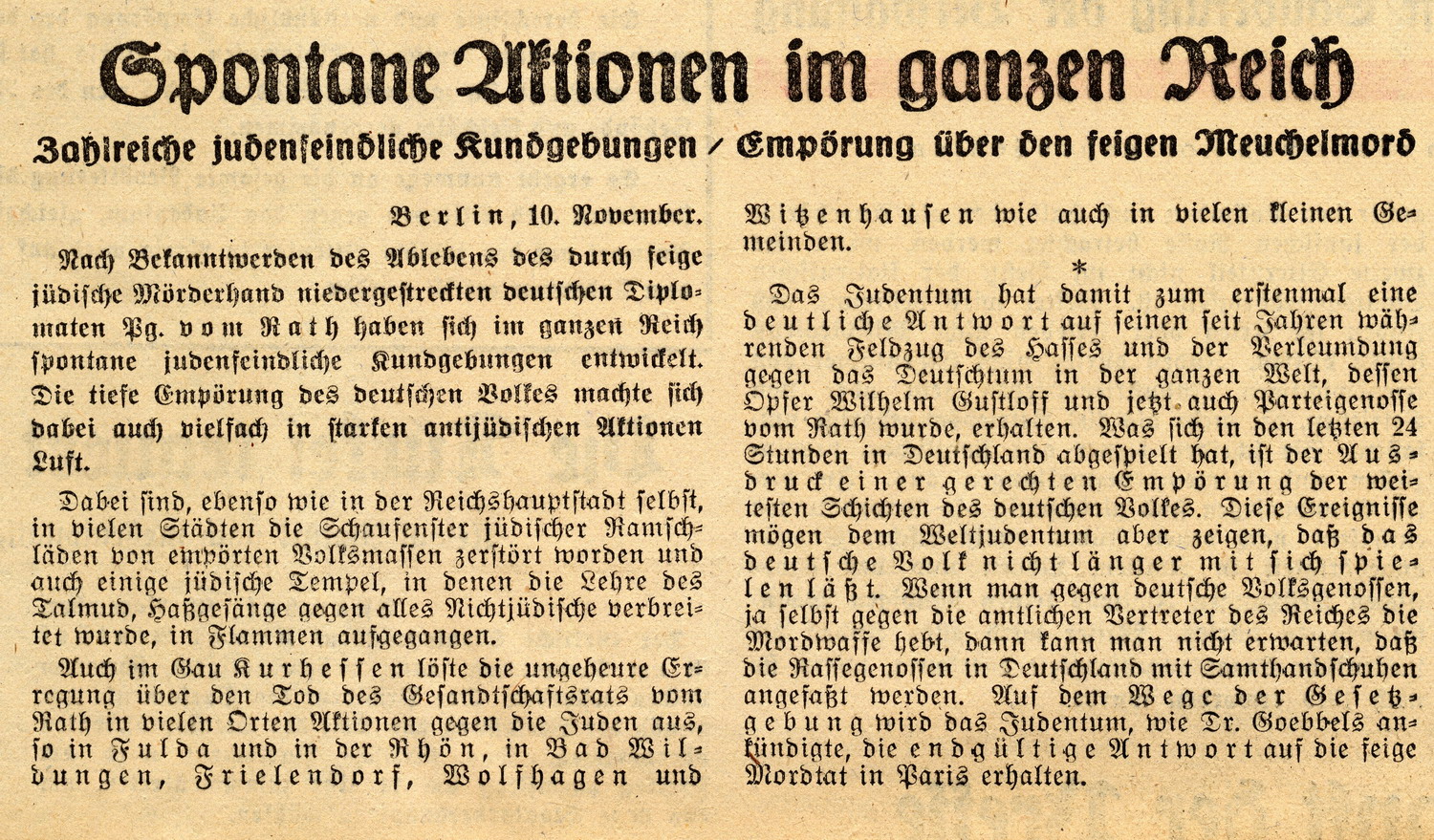 Artikel aus der Kurhessischen Landeszeitung zu den Pogromen in Deutschland, 11. November 1938