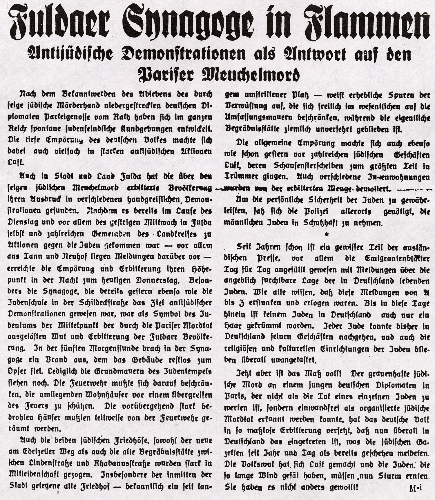 Artikel in der Fuldaer Zeitung zum Brand der Synagoge, 10. November 1938