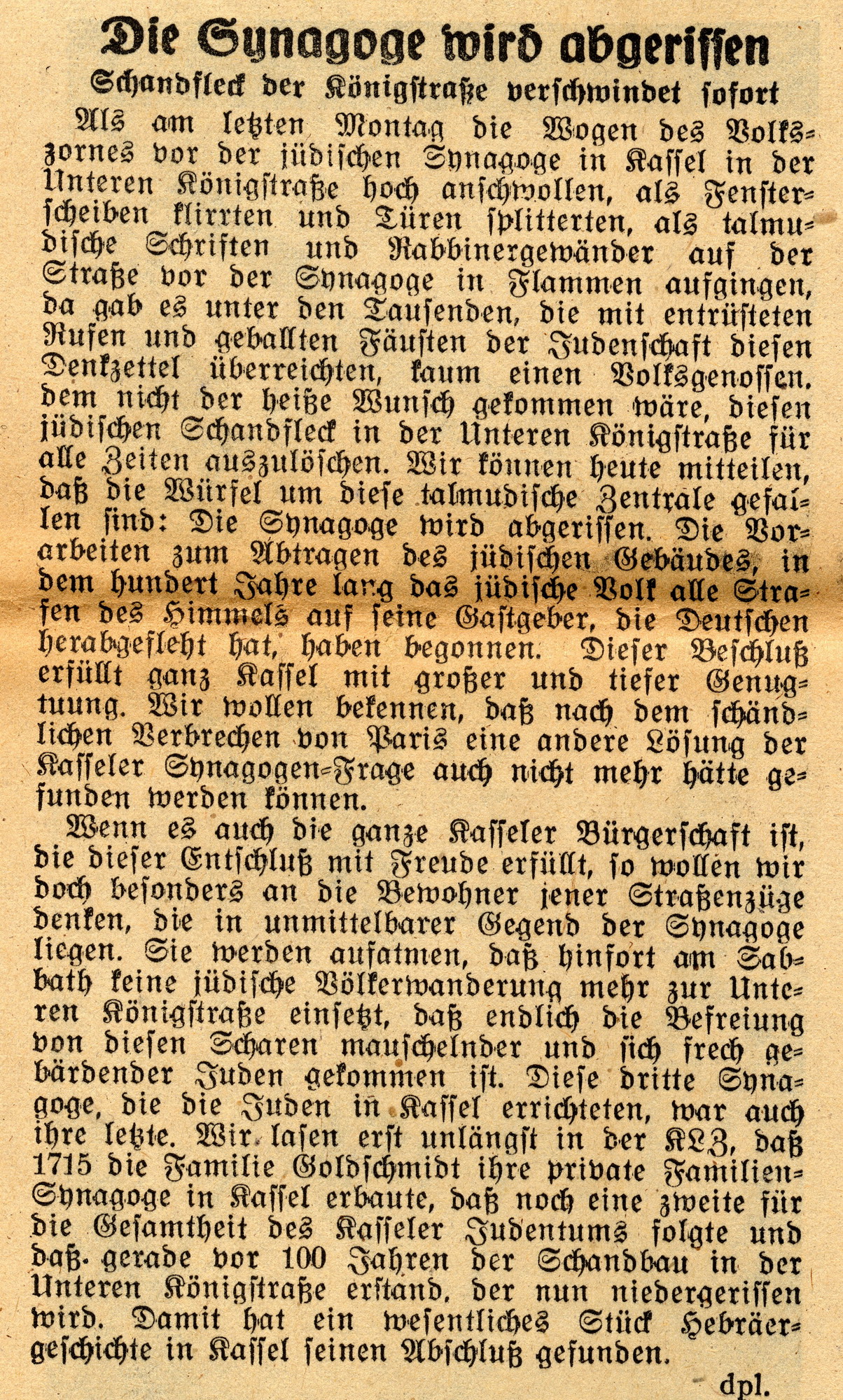 Artikel in der Kurhessischen Landeszeitung zum Abriss der Synagoge in Kassel, 11. November 1938