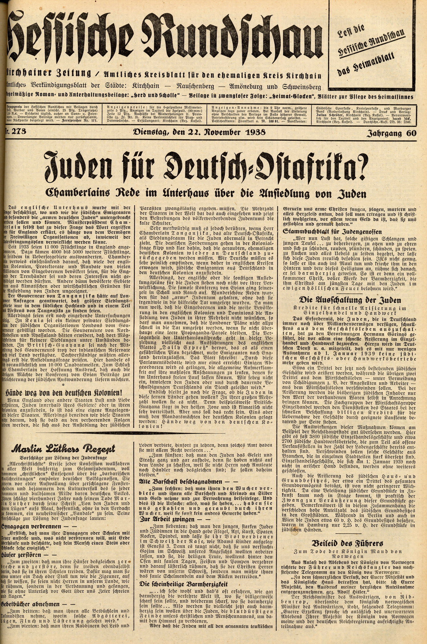 Titelseite und Ausschnitte aus der Hessischen Rundschau mit Vorschlägen zur Deportation von Juden vom 22. November 1938