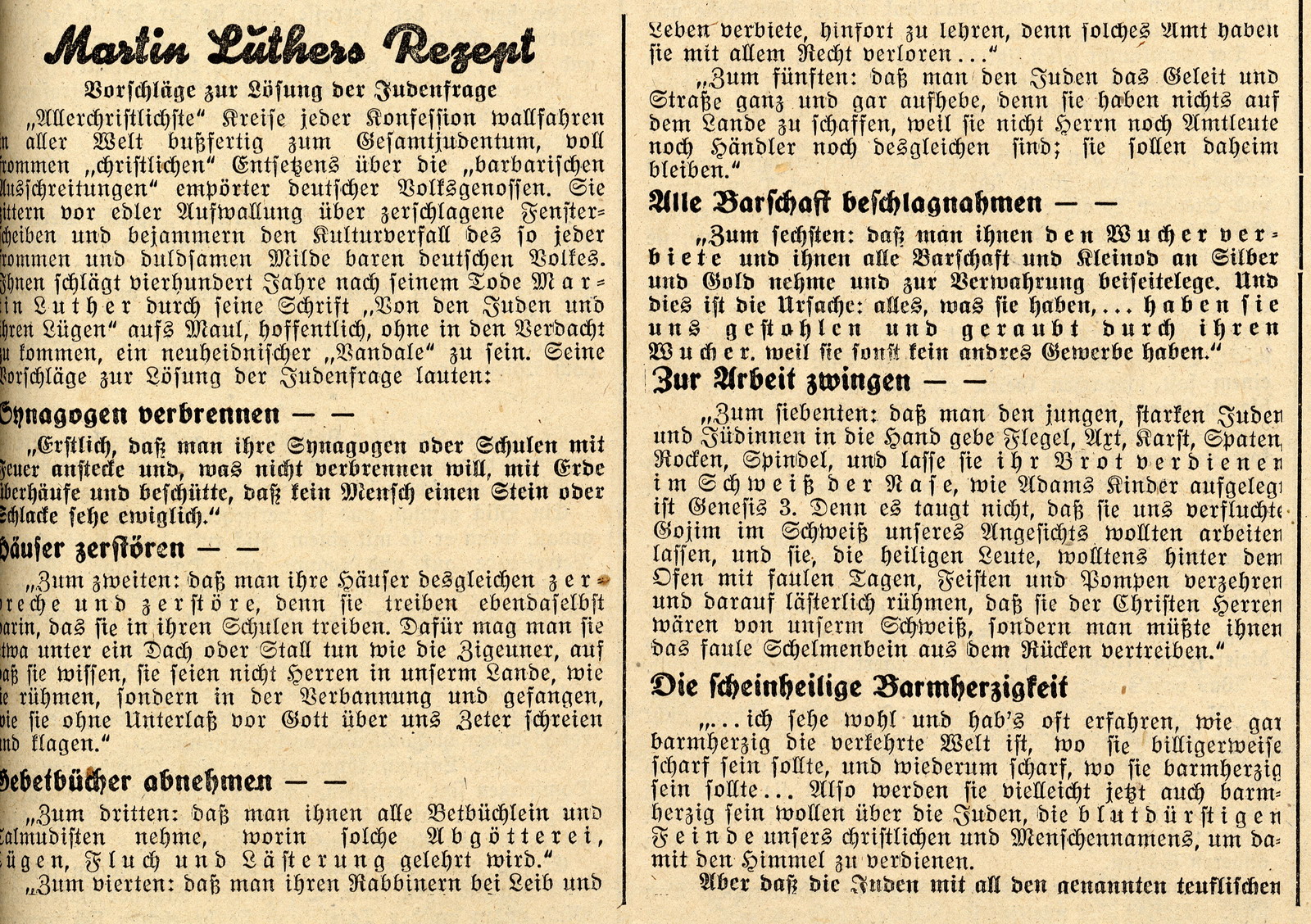Titelseite und Ausschnitte aus der Hessischen Rundschau mit Vorschlägen zur Deportation von Juden vom 22. November 1938
