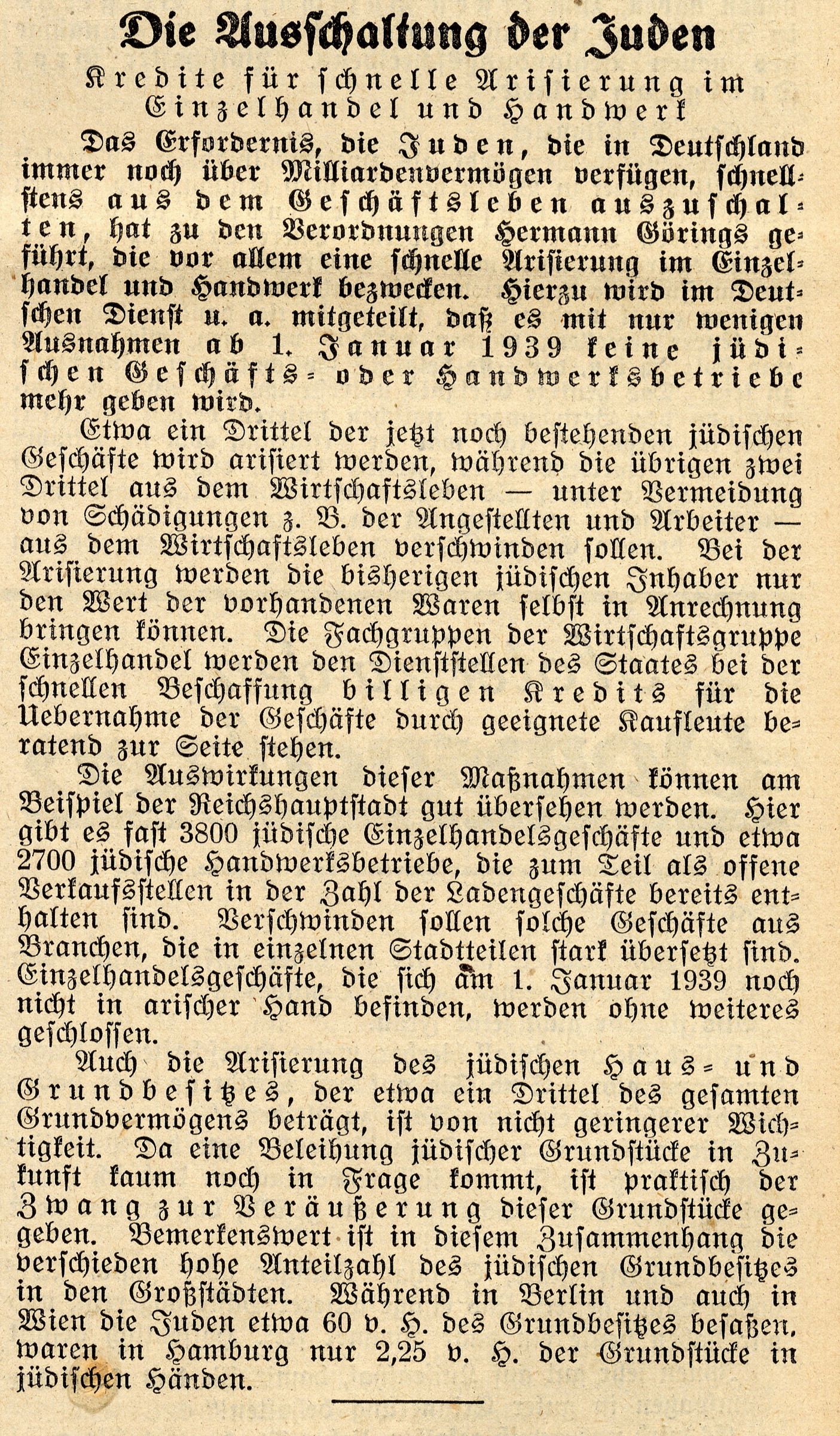 Ausschnitt aus der Hessischen Rundschau zur Arisierung der Handwerksbetriebe und Einzelhandelsgeschäfte, 22. November 1938
