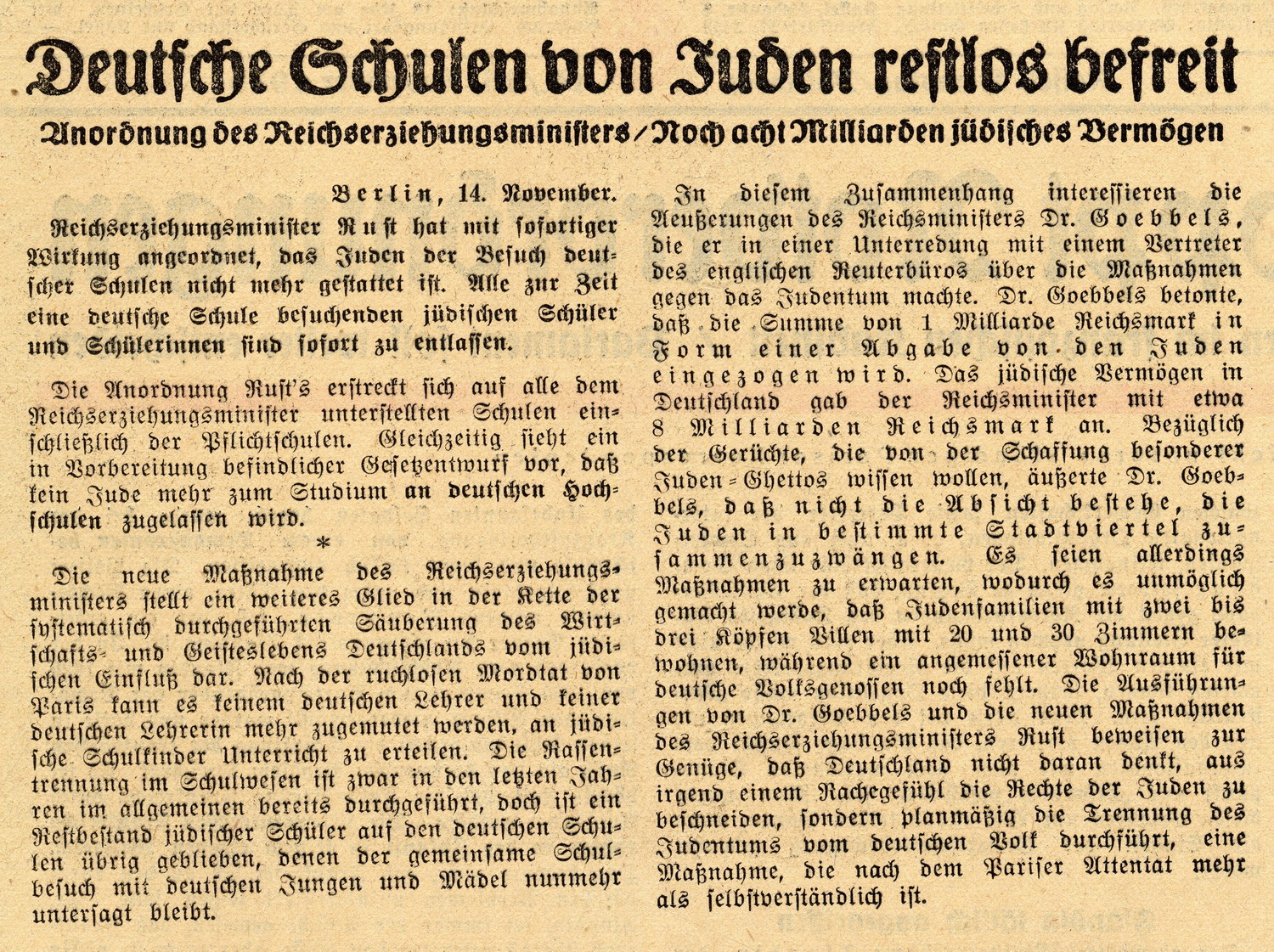 Ausschnitt aus der Kurhessischen Landeszeitung zum Ausschluss jüdischer Kinder vom Schulunterricht, 15./16. November 1938