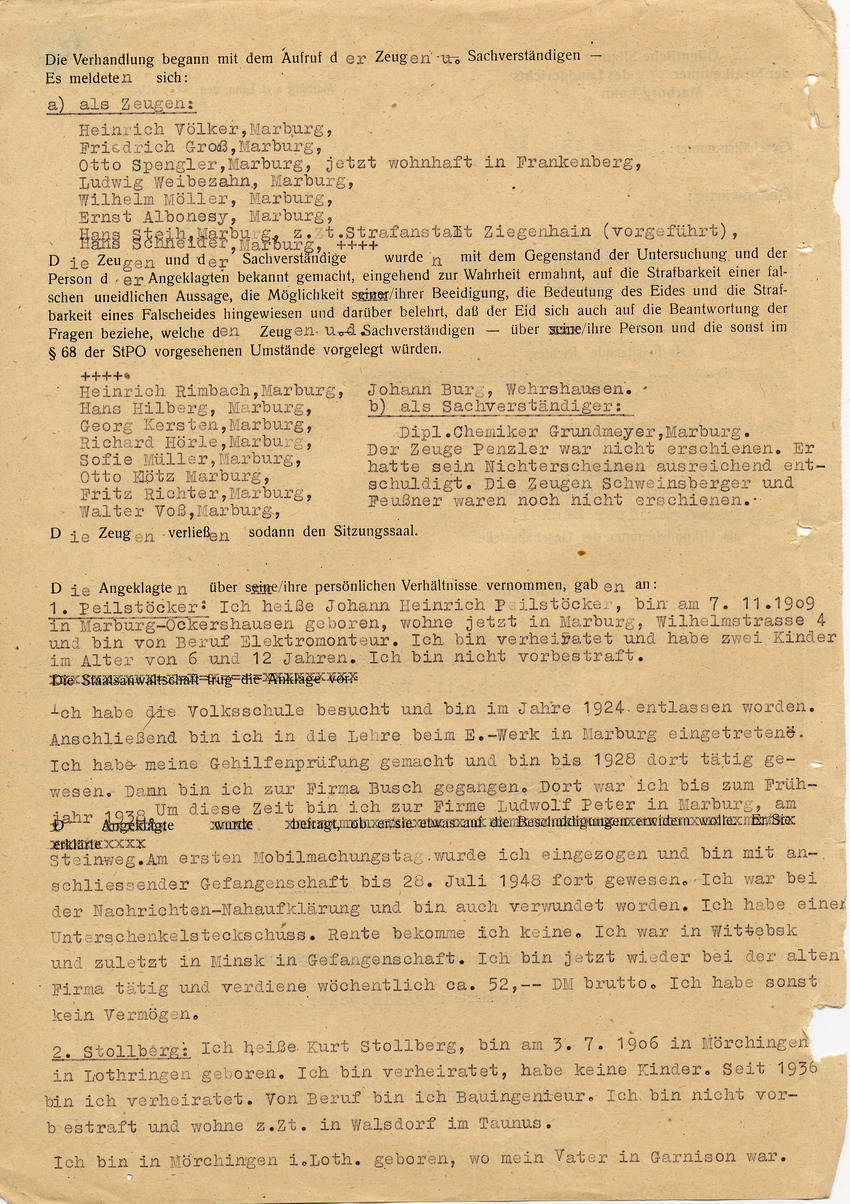 Verfahren gegen Stollberg und Peilstöcker betr. Synagogenbrandstiftung Marburg.
Öffentliche Sitzung der Strafkammer III des LG Marburg, 1. Verhandlungstag vom 8. August 1950
Teil 1: