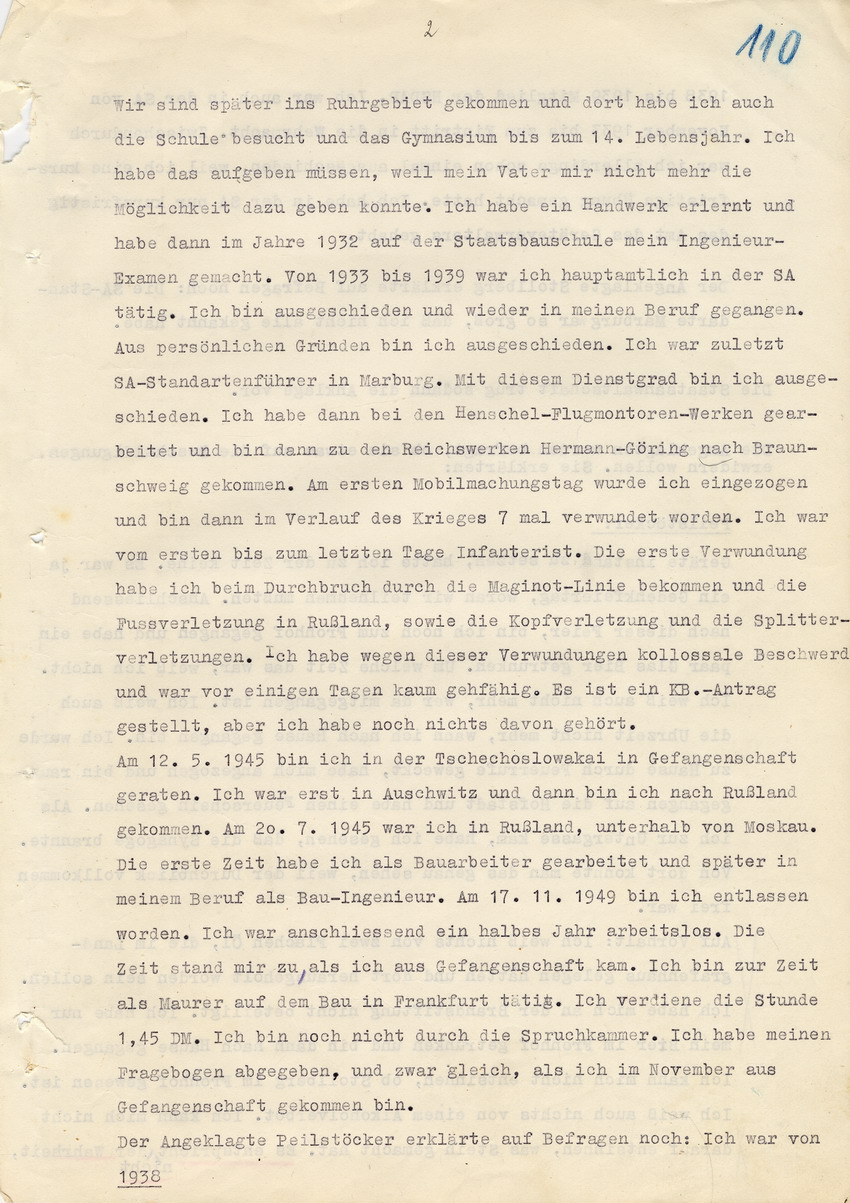 Verfahren gegen Stollberg und Peilstöcker betr. Synagogenbrandstiftung Marburg.
Öffentliche Sitzung der Strafkammer III des LG Marburg, 1. Verhandlungstag vom 8. August 1950
Teil 1: