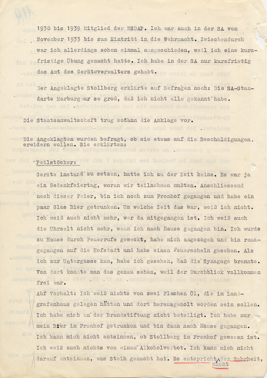 Verfahren gegen Stollberg und Peilstöcker betr. Synagogenbrandstiftung Marburg.
Öffentliche Sitzung der Strafkammer III des LG Marburg, 1. Verhandlungstag vom 8. August 1950
Teil 1: