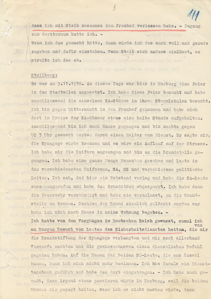 Verfahren gegen Stollberg und Peilstöcker betr. Synagogenbrandstiftung Marburg.
Öffentliche Sitzung der Strafkammer III des LG Marburg, 1. Verhandlungstag vom 8. August 1950
Teil 1: