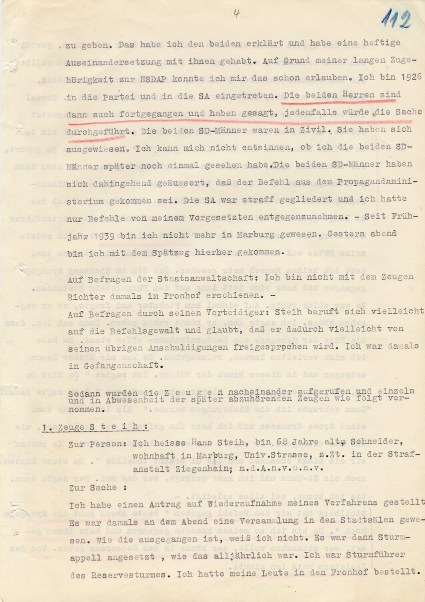 Verfahren gegen Stollberg und Peilstöcker betr. Synagogenbrandstiftung Marburg.
Öffentliche Sitzung der Strafkammer III des LG Marburg, 1. Verhandlungstag vom 8. August 1950
Teil 1: