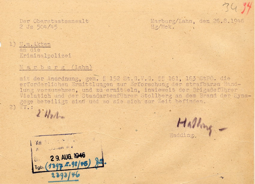 Anordnung zu ersten Ermittlungen gegen Stollberg 1946