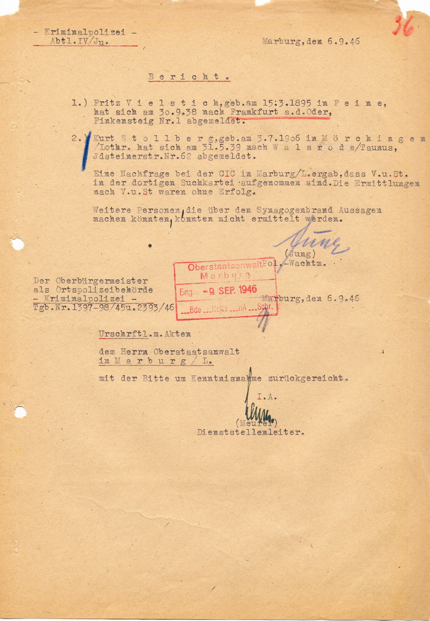 Kriminalpolizei berichtet am 06.09.1946, dass der Aufenthalt von Stollberg nicht ermittelt werden kann