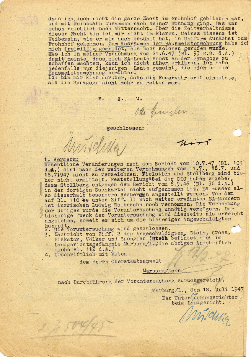 Bis 1947 keine Fortschritte bei der Feststellung des Aufenthaltsortes von Stollberg (Vermerk des Untersuchungsrichters vom 18.07.1947)