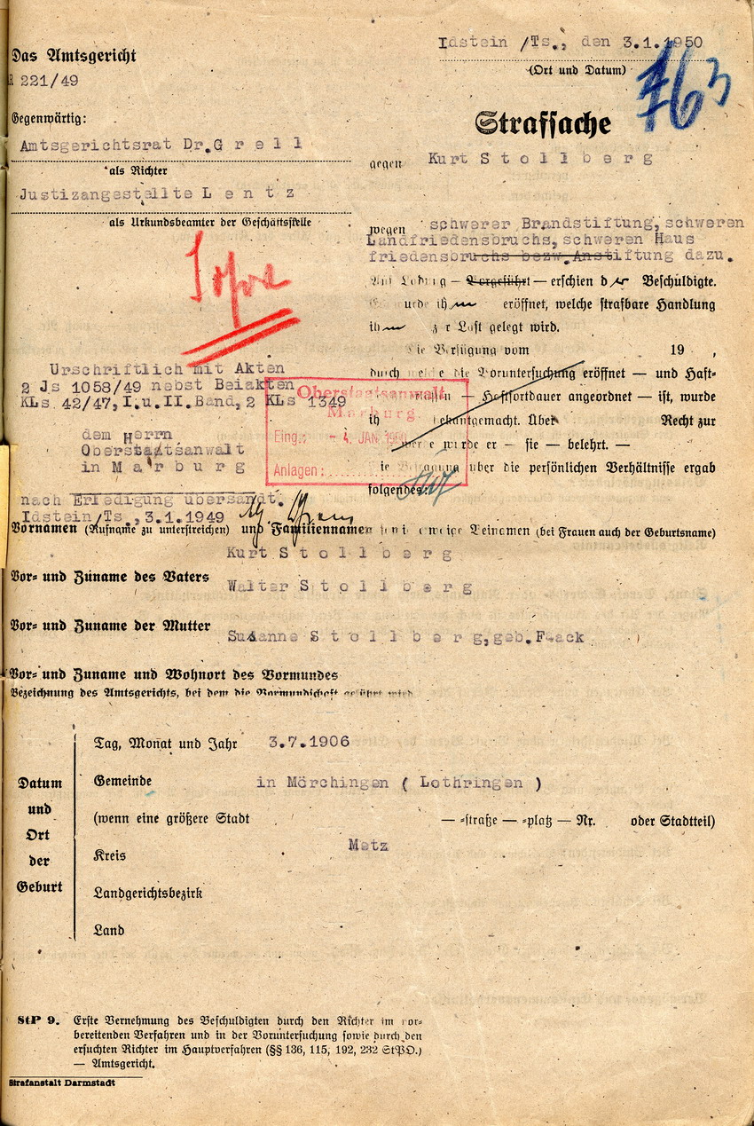 Erste Vernehmung des Beschuldigten Stollberg vom 03.01.1950