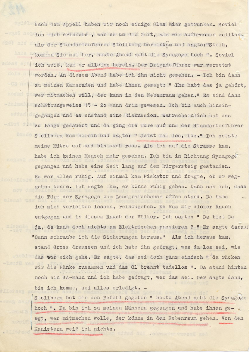 Verfahren gegen Stollberg und Peilstöcker betr. Synagogenbrandstiftung Marburg.
Öffentliche Sitzung der Strafkammer III des LG Marburg, 1. Verhandlungstag vom 8. August 1950 
Teil 2:  Zeugenaussage Steih