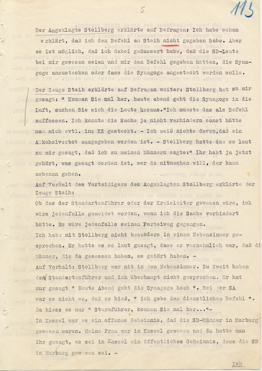 Verfahren gegen Stollberg und Peilstöcker betr. Synagogenbrandstiftung Marburg.
Öffentliche Sitzung der Strafkammer III des LG Marburg, 1. Verhandlungstag vom 8. August 1950 
Teil 2:  Zeugenaussage Steih