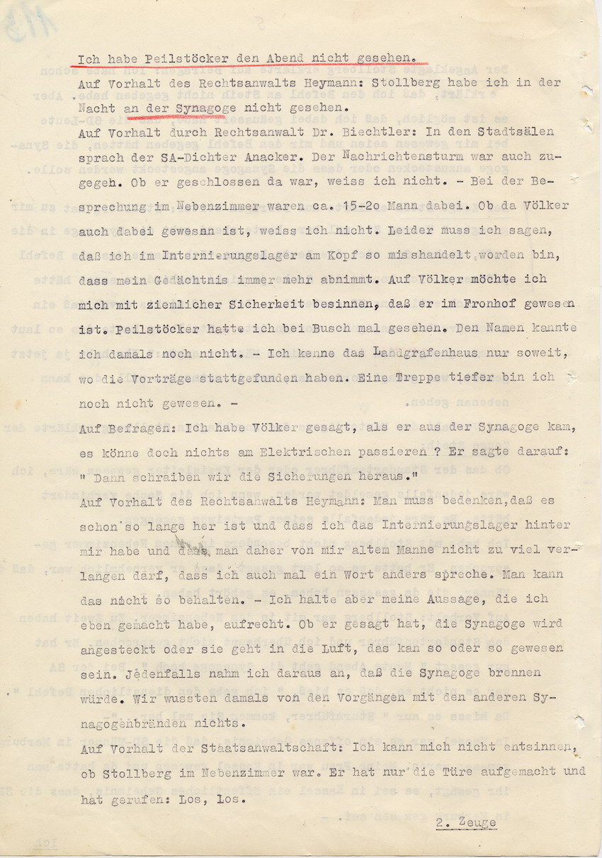 Verfahren gegen Stollberg und Peilstöcker betr. Synagogenbrandstiftung Marburg.
Öffentliche Sitzung der Strafkammer III des LG Marburg, 1. Verhandlungstag vom 8. August 1950 
Teil 2:  Zeugenaussage Steih