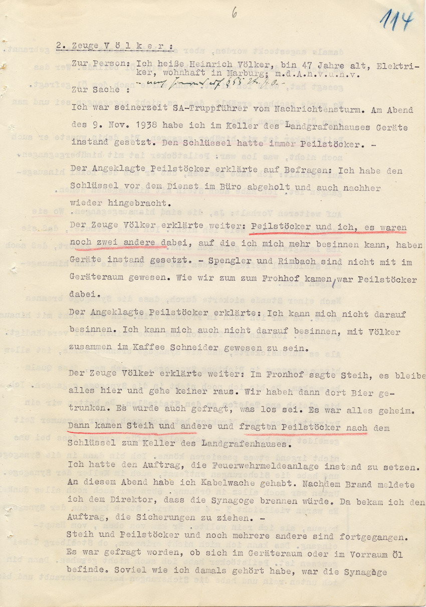Verfahren gegen Stollberg und Peilstöcker betr. Synagogenbrandstiftung Marburg.
Öffentliche Sitzung der Strafkammer III des LG Marburg, 1. Verhandlungstag vom 8. August 1950 
Teil 3:  Zeugenaussagen Völker und Groß