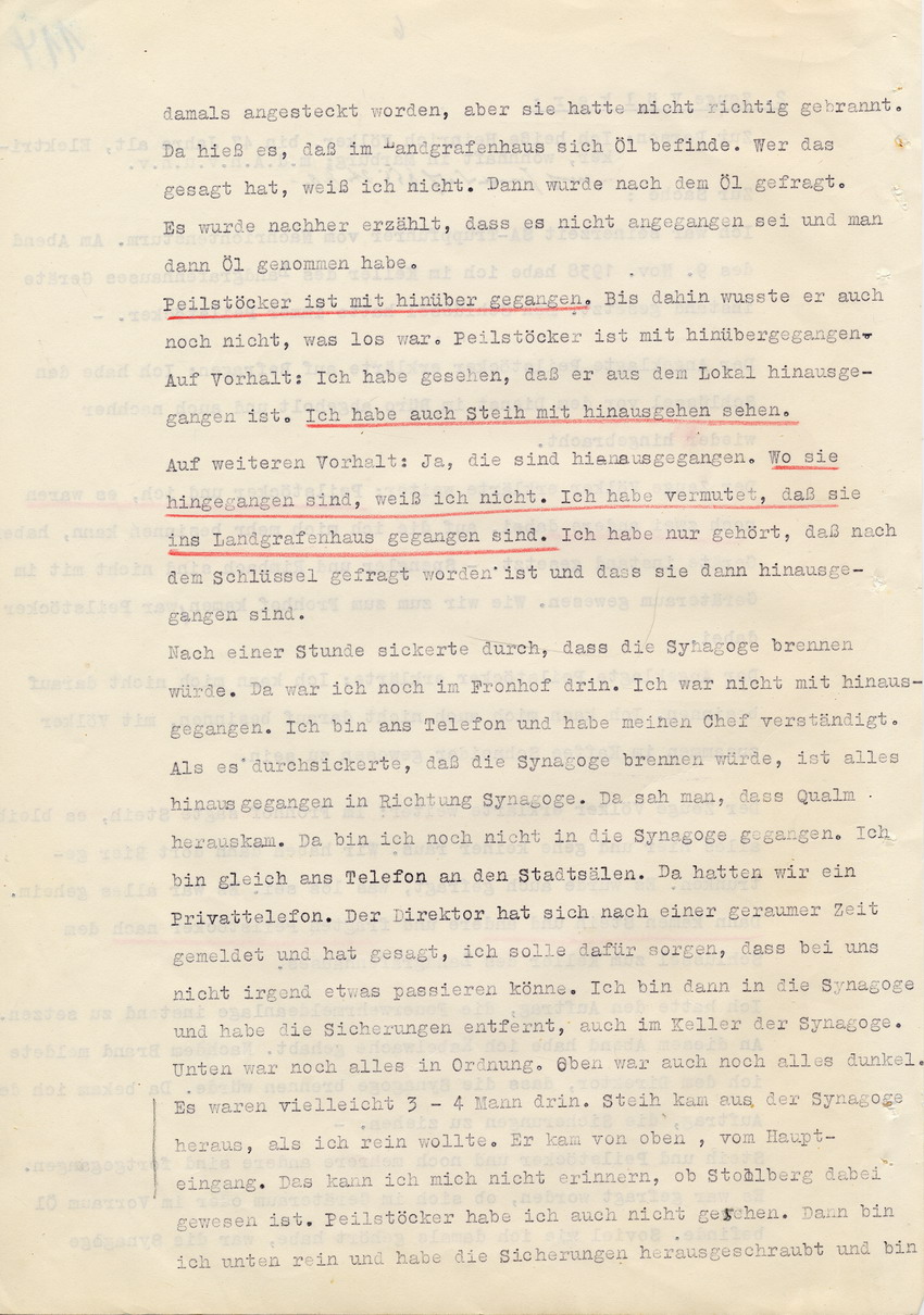 Verfahren gegen Stollberg und Peilstöcker betr. Synagogenbrandstiftung Marburg.
Öffentliche Sitzung der Strafkammer III des LG Marburg, 1. Verhandlungstag vom 8. August 1950 
Teil 3:  Zeugenaussagen Völker und Groß