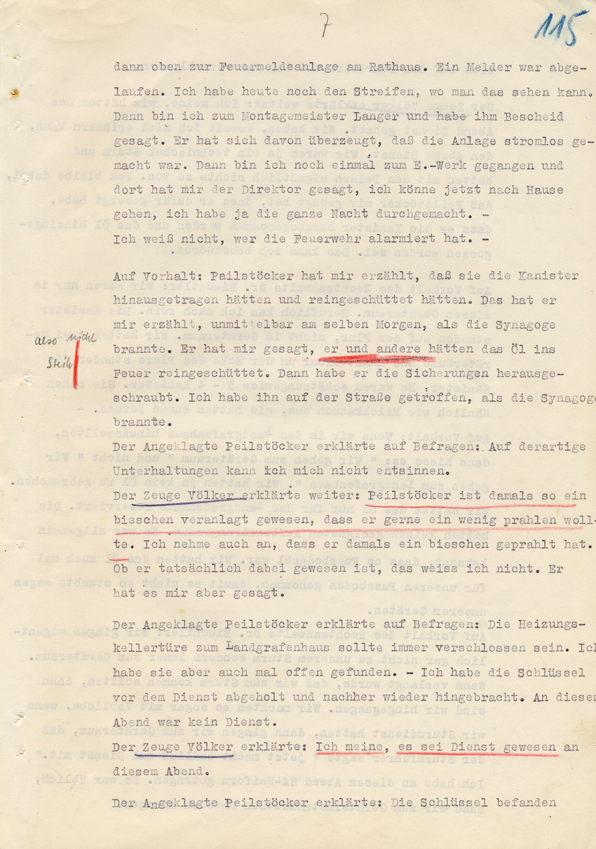 Verfahren gegen Stollberg und Peilstöcker betr. Synagogenbrandstiftung Marburg.
Öffentliche Sitzung der Strafkammer III des LG Marburg, 1. Verhandlungstag vom 8. August 1950 
Teil 3:  Zeugenaussagen Völker und Groß