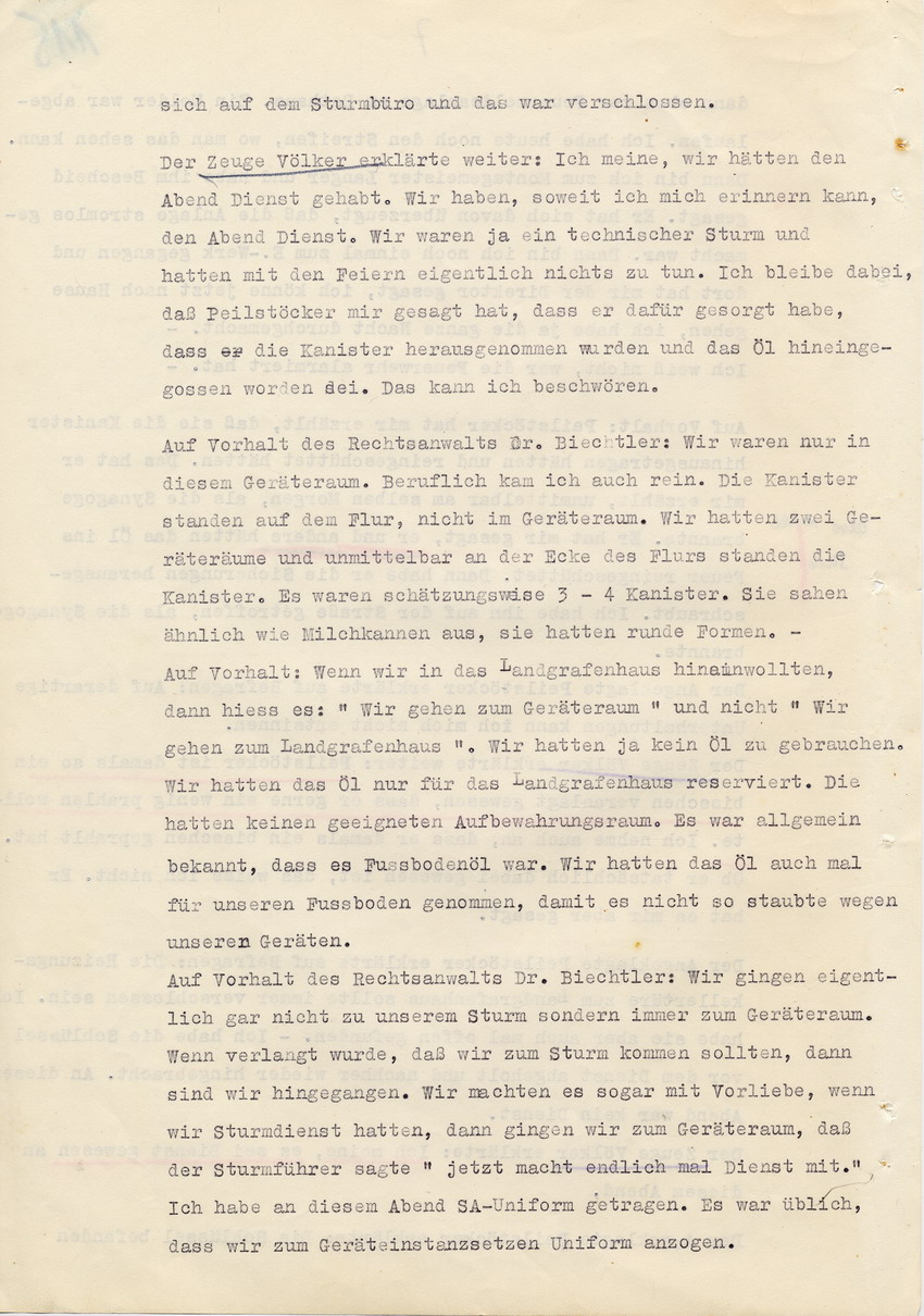 Verfahren gegen Stollberg und Peilstöcker betr. Synagogenbrandstiftung Marburg.
Öffentliche Sitzung der Strafkammer III des LG Marburg, 1. Verhandlungstag vom 8. August 1950 
Teil 3:  Zeugenaussagen Völker und Groß