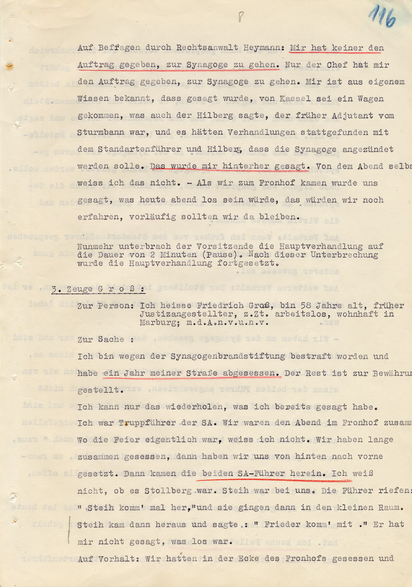 Verfahren gegen Stollberg und Peilstöcker betr. Synagogenbrandstiftung Marburg.
Öffentliche Sitzung der Strafkammer III des LG Marburg, 1. Verhandlungstag vom 8. August 1950 
Teil 3:  Zeugenaussagen Völker und Groß