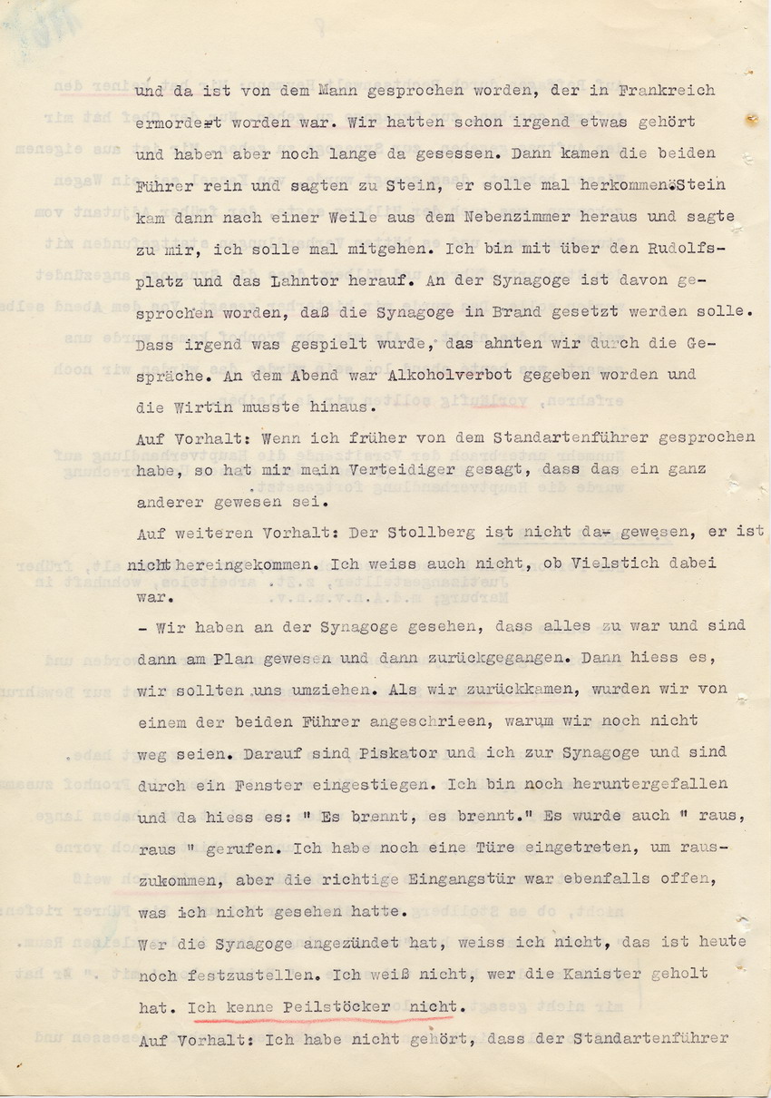 Verfahren gegen Stollberg und Peilstöcker betr. Synagogenbrandstiftung Marburg.
Öffentliche Sitzung der Strafkammer III des LG Marburg, 1. Verhandlungstag vom 8. August 1950 
Teil 3:  Zeugenaussagen Völker und Groß