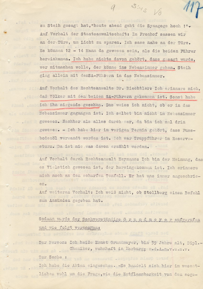 Verfahren gegen Stollberg und Peilstöcker betr. Synagogenbrandstiftung Marburg.
Öffentliche Sitzung der Strafkammer III des LG Marburg, 1. Verhandlungstag vom 8. August 1950 
Teil 4:  Zeugenaussage des Brandsachverständigen Dipl.Chemiker Grundmeyer
