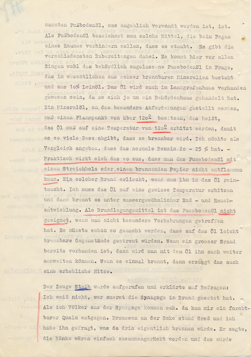 Verfahren gegen Stollberg und Peilstöcker betr. Synagogenbrandstiftung Marburg.
Öffentliche Sitzung der Strafkammer III des LG Marburg, 1. Verhandlungstag vom 8. August 1950 
Teil 4:  Zeugenaussage des Brandsachverständigen Dipl.Chemiker Grundmeyer