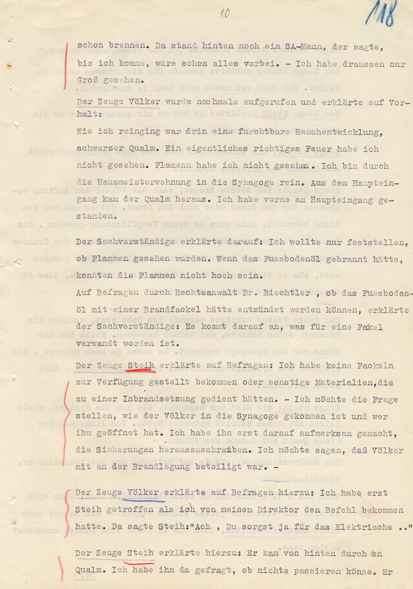 Verfahren gegen Stollberg und Peilstöcker betr. Synagogenbrandstiftung Marburg.
Öffentliche Sitzung der Strafkammer III des LG Marburg, 1. Verhandlungstag vom 8. August 1950 
Teil 4:  Zeugenaussage des Brandsachverständigen Dipl.Chemiker Grundmeyer