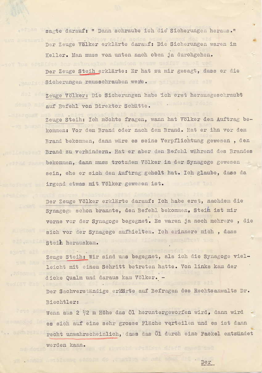 Verfahren gegen Stollberg und Peilstöcker betr. Synagogenbrandstiftung Marburg.
Öffentliche Sitzung der Strafkammer III des LG Marburg, 1. Verhandlungstag vom 8. August 1950 
Teil 4:  Zeugenaussage des Brandsachverständigen Dipl.Chemiker Grundmeyer