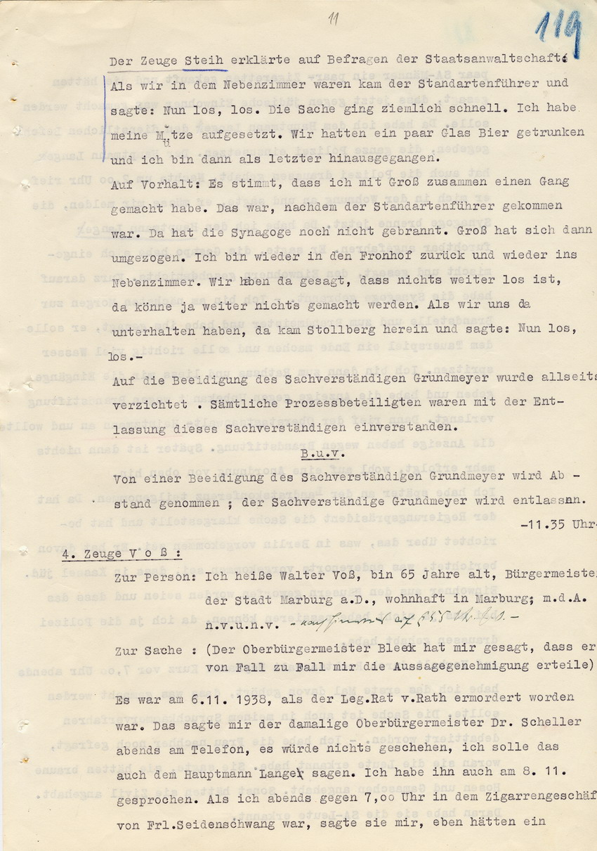 Verfahren gegen Stollberg und Peilstöcker betr. Synagogenbrandstiftung Marburg.
Öffentliche Sitzung der Strafkammer III des LG Marburg, 1. Verhandlungstag vom 8. August 1950 
Teil 5:  Zeugenaussage von Walter Voß (1938 Marburger Bürgermeister)