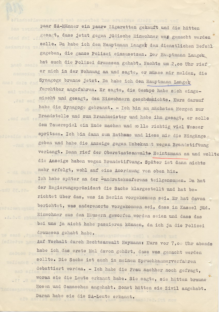 Verfahren gegen Stollberg und Peilstöcker betr. Synagogenbrandstiftung Marburg.
Öffentliche Sitzung der Strafkammer III des LG Marburg, 1. Verhandlungstag vom 8. August 1950 
Teil 5:  Zeugenaussage von Walter Voß (1938 Marburger Bürgermeister)