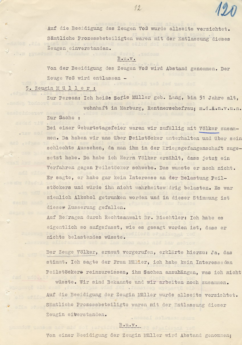 Verfahren gegen Stollberg und Peilstöcker betr. Synagogenbrandstiftung Marburg.
Öffentliche Sitzung der Strafkammer III des LG Marburg, 1. Verhandlungstag vom 8. August 1950 
Teil 6:  Zeugenaussagen