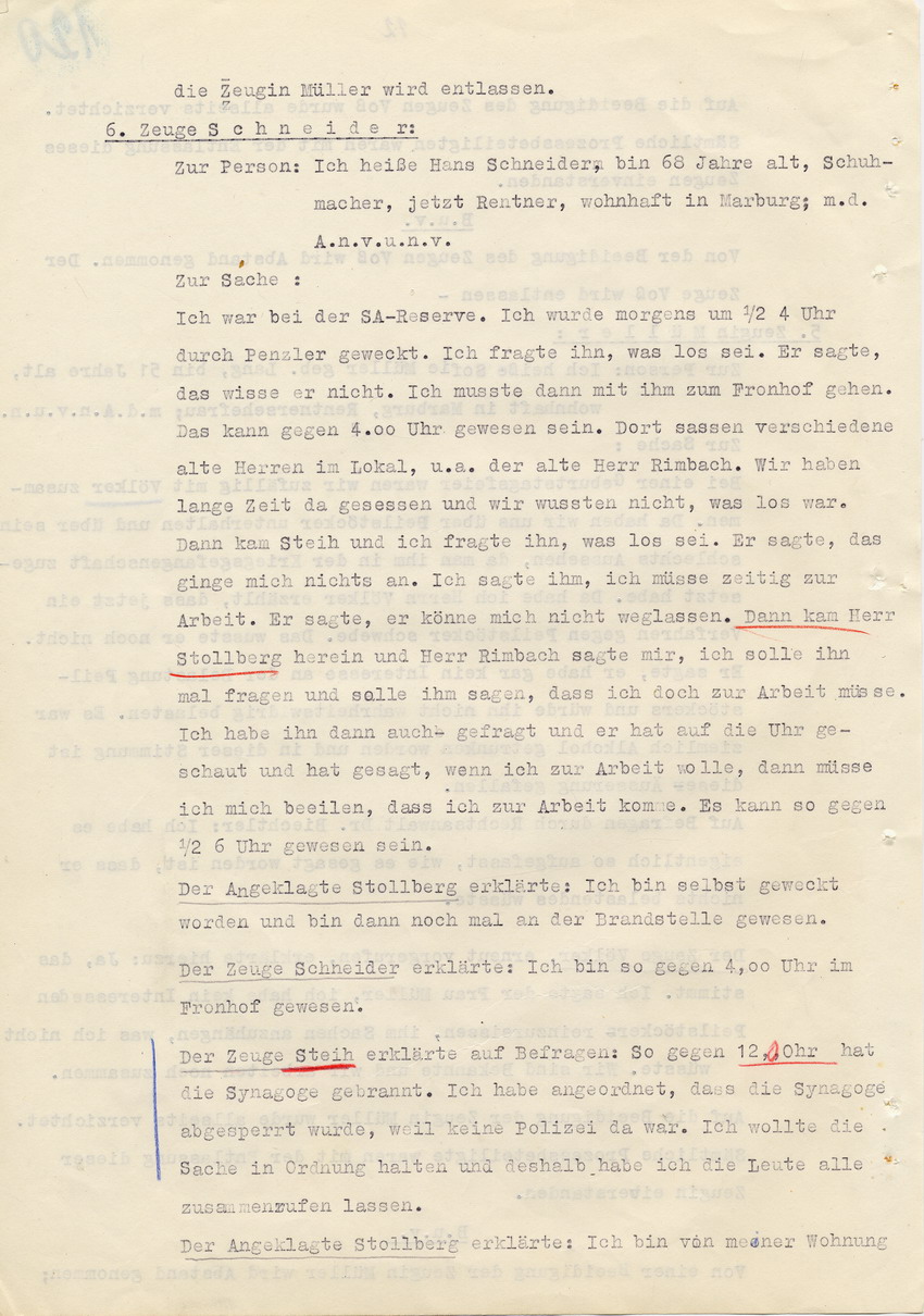 Verfahren gegen Stollberg und Peilstöcker betr. Synagogenbrandstiftung Marburg.
Öffentliche Sitzung der Strafkammer III des LG Marburg, 1. Verhandlungstag vom 8. August 1950 
Teil 6:  Zeugenaussagen